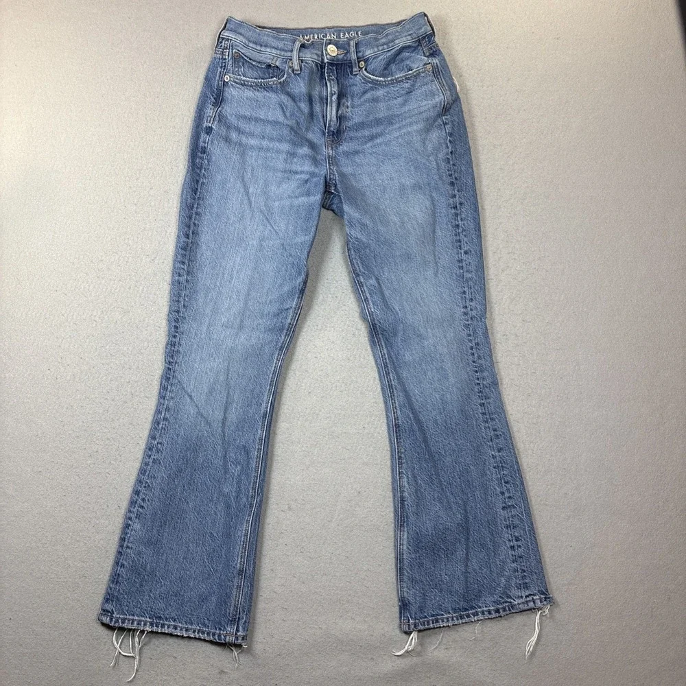 American Eagle‎ 2R 90s Flare Blue Jeans Comfort Stretch Waistband  Wear on cuffs
